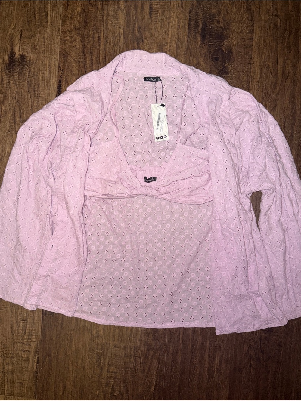 Boohoo Light Pink Eyelet V-Neck Tunic Top